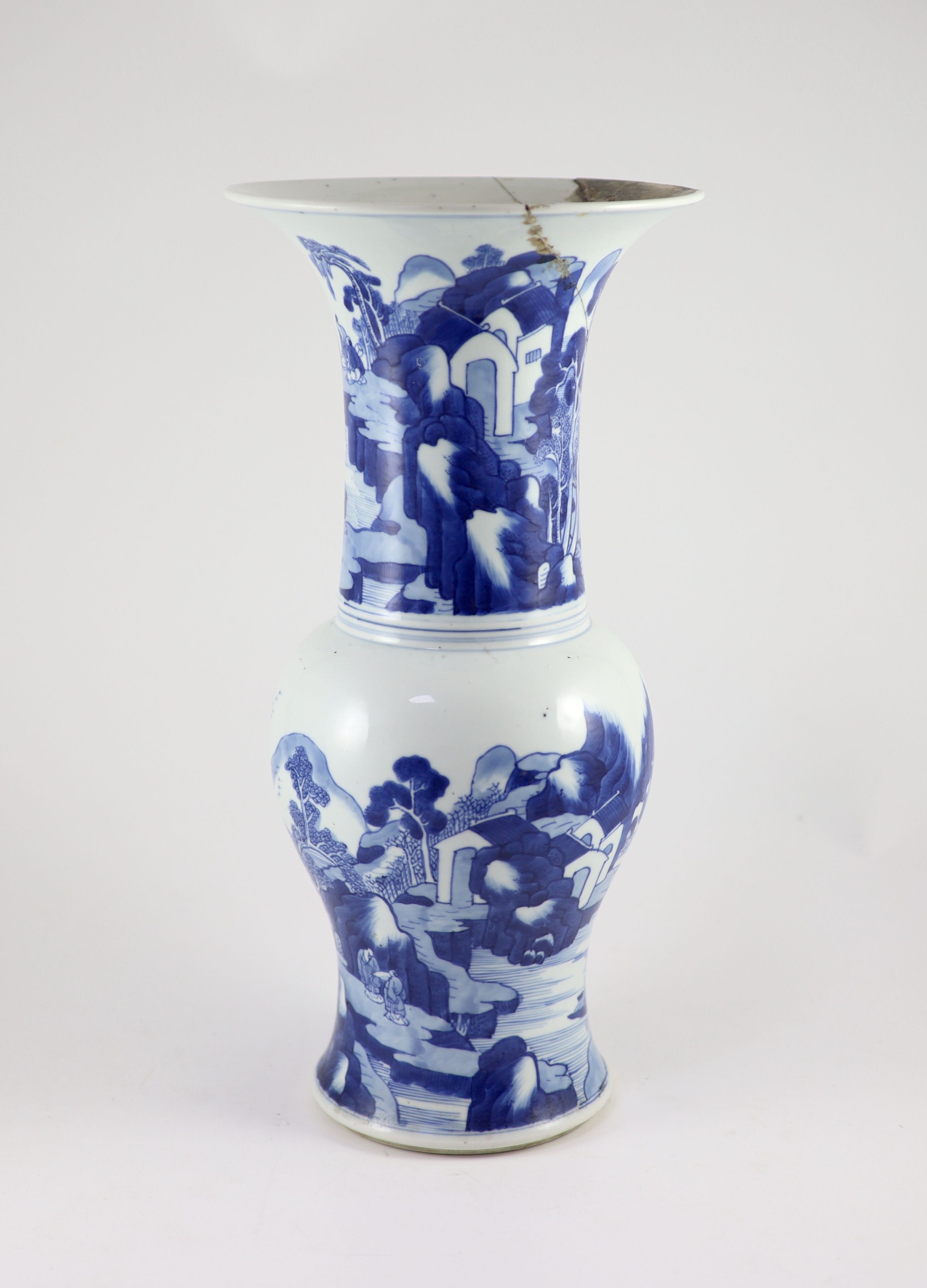 A Chinese blue and white yen-yen vase, Kangxi period (1662-1722), 45 cm high, damage to neck
